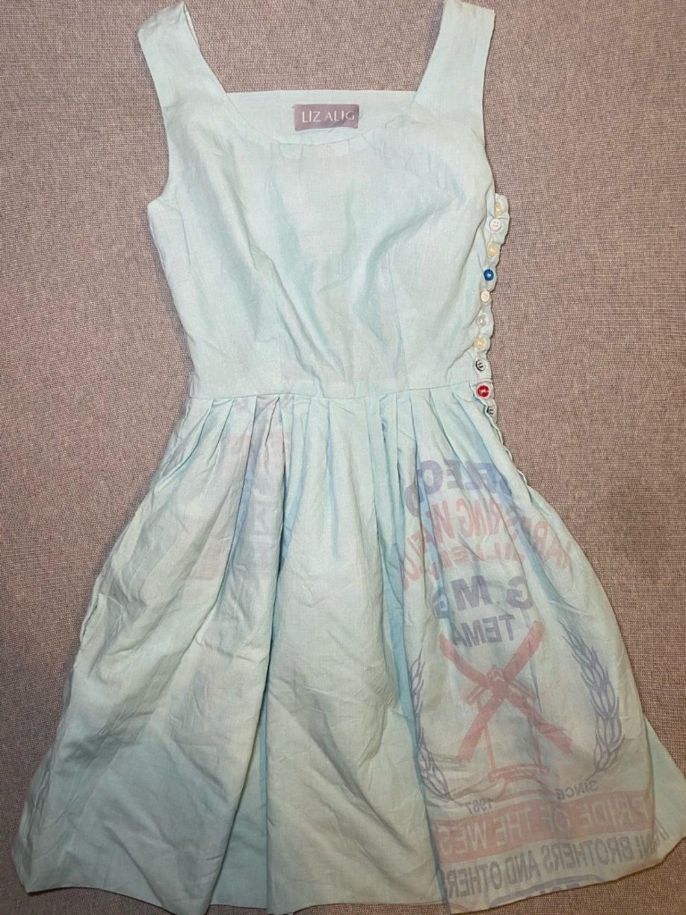 LIZ ALIG Chic Upcycled Cotton Blend Flour Sack Dress Size ?